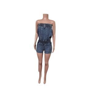 Women's sleeveless chambray smocked denim romper M